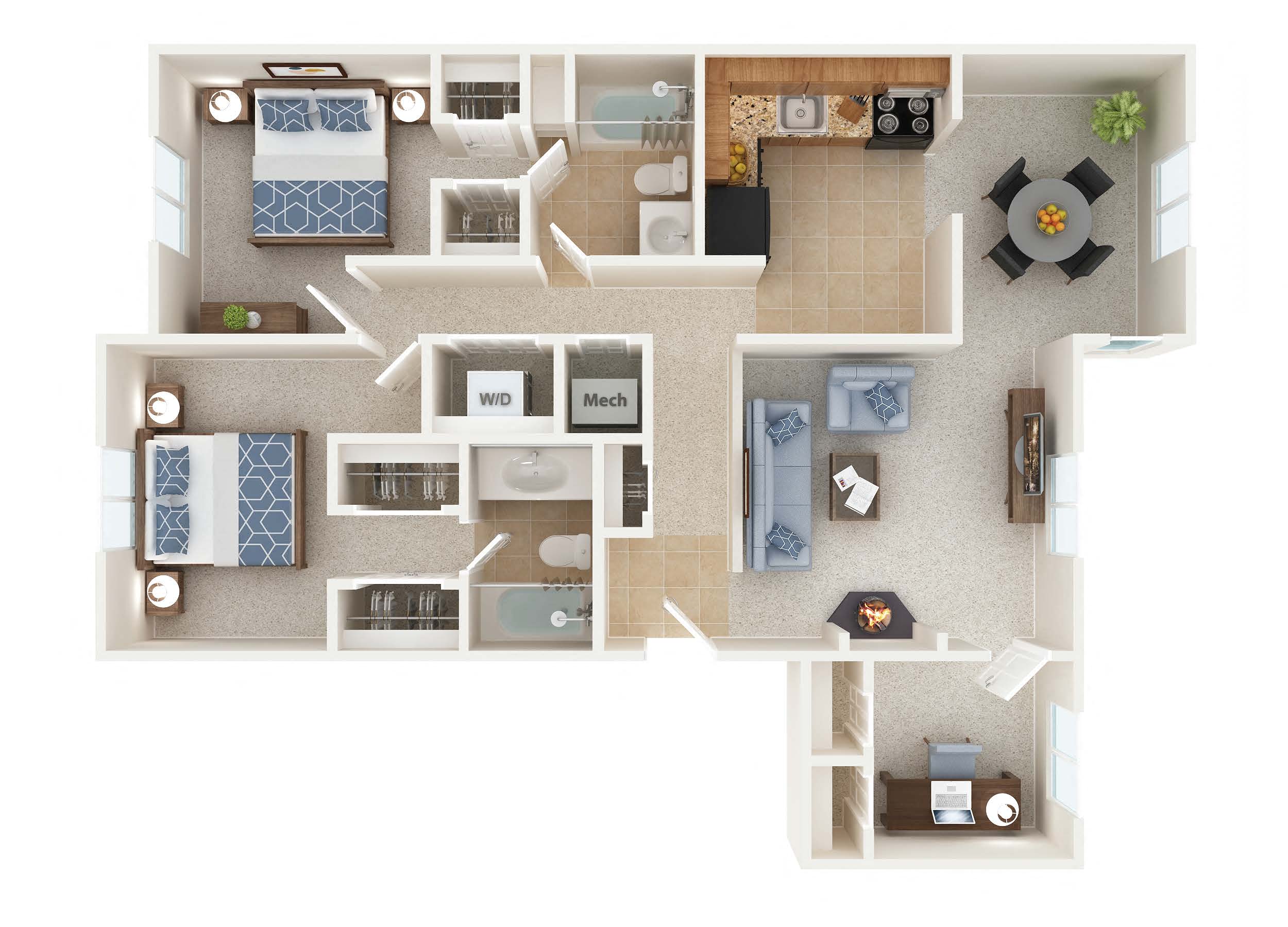 Floor plan for 2 beds, 2 baths, 1312 sqft